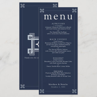 Blauw Griekse Sleutel Elegante Trouwreceptie Menu