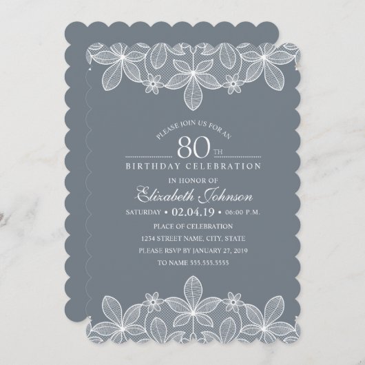 Blauw Grijs 80ste Verjaardagsfeest Creatieve Kant Kaart (Voorkant / Achterkant)
