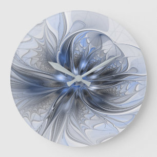 Blauw Grijs Aquarel Abstract Bloemachtige Fractale Grote Klok