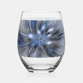 Blauw Grijs Aquarel Abstract Bloemachtige Fractale Wijnglas Zonder Voet