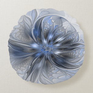 Blauw Grijs Aquarel Abstract Bloemmotief Fractale Rond Kussen