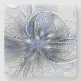 Blauw Grijs Aquarel Abstract Bloemmotief Fractale  Stenen Onderzetter