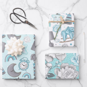 BLAUW & GRIJS BABY JONGEN ITEMS SPEELGOED STERREN INPAKPAPIER VEL