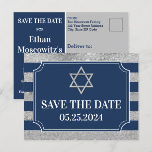 Blauw, Grijs Bar Mitzvah Save the Date Briefkaart