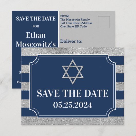 Blauw, Grijs Bar Mitzvah Save the Date Briefkaart (Voorkant / Achterkant)
