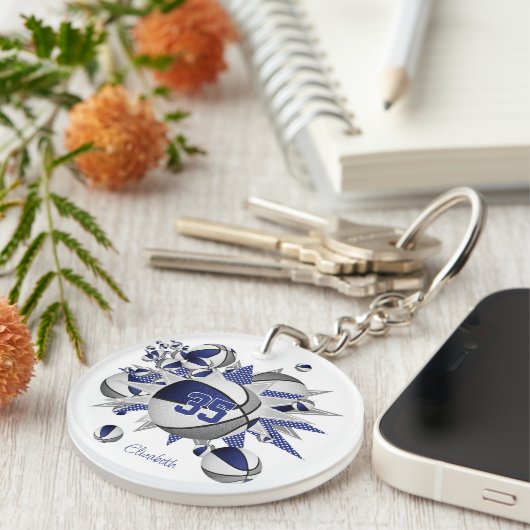 blauw grijs basketbal blowout meisjes jersey numme sleutelhanger (Voorkant Rechts)