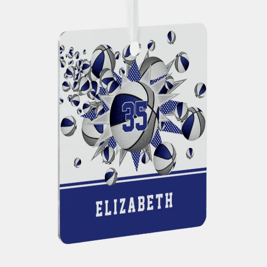 Blauw grijs basketballen sterren gepersonaliseerd metalen ornament (Voorkant Rechts)