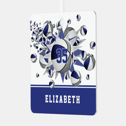 Blauw grijs basketballen sterren gepersonaliseerd metalen ornament (Voorkant links)