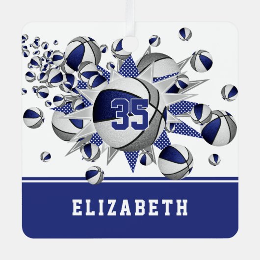 Blauw grijs basketballen sterren gepersonaliseerd metalen ornament (Voorkant)