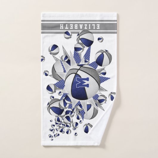blauw grijs basketballen sterren meisjes monogram handdoek (Handdoek)