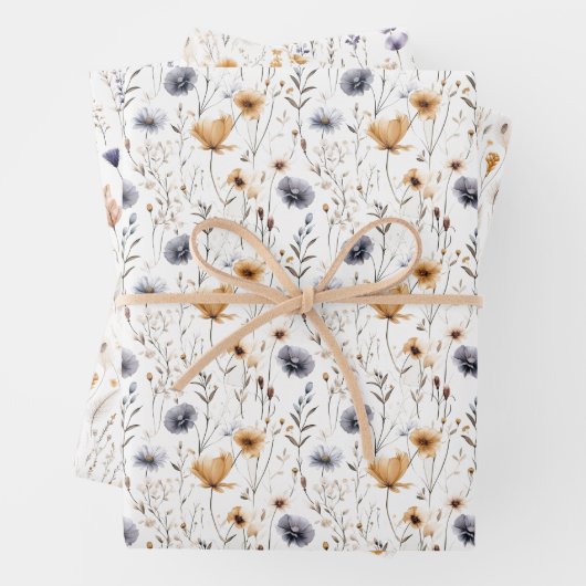Blauw Grijs Beige Bruin Wilde Bloemen Boho Verjaar Inpakpapier Vel (In situ)