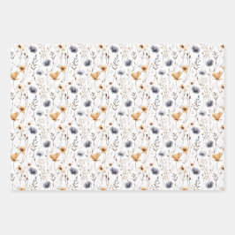 Blauw Grijs Beige Bruin Wilde Bloemen Boho Verjaar Inpakpapier Vel