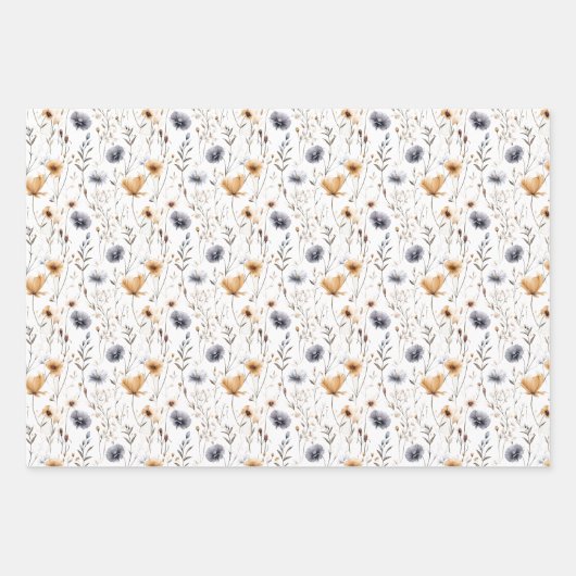 Blauw Grijs Beige Bruin Wilde Bloemen Boho Verjaar Inpakpapier Vel (Voorkant)