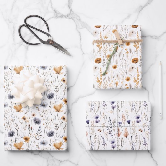 Blauw Grijs Beige Bruin Wilde Bloemen Boho Verjaar Inpakpapier Vel (Voorkant)