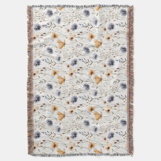 Blauw Grijs Beige Bruin Wit Boho Bloemen Botanisch Deken (Voorkant Verticaal)