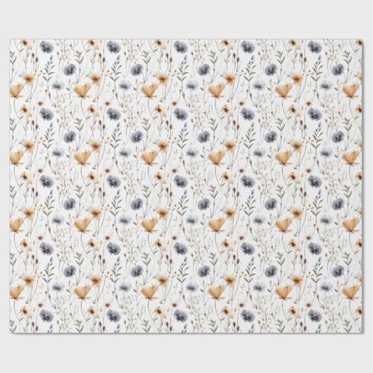 Blauw Grijs Beige Bruin Wit Boho Bloemen Verjaarda Cadeaupapier (Vlak)