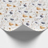 Blauw Grijs Beige Bruin Wit Boho Bloemen Verjaarda Cadeaupapier (Hoek)