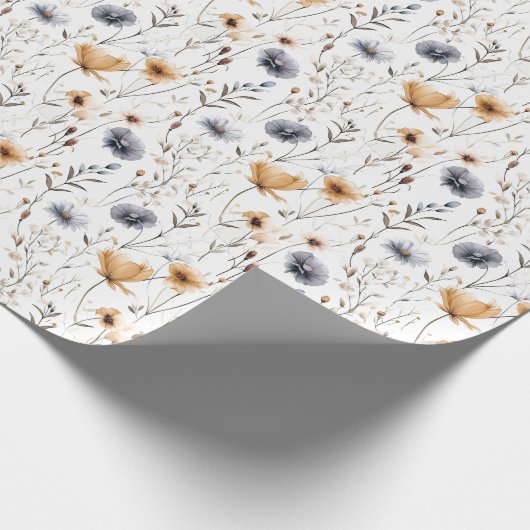 Blauw Grijs Beige Bruin Wit Boho Bloemen Verjaarda Cadeaupapier (Hoek)