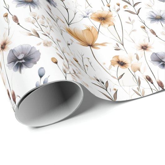 Blauw Grijs Beige Bruin Wit Boho Bloemen Verjaarda Cadeaupapier (Rol Hoek)