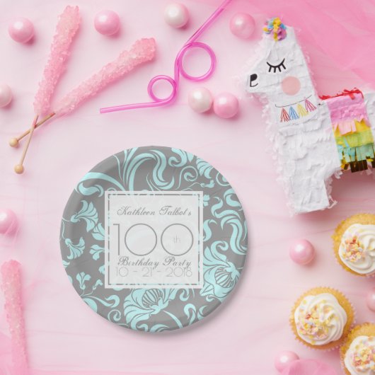 Blauw Grijs Bloemen 100e Verjaardagsfeestje Papier Papieren Bordje (Feest)