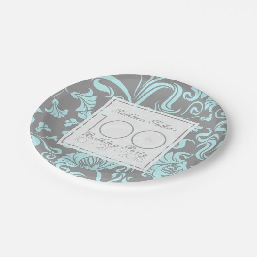 Blauw Grijs Bloemen 100e Verjaardagsfeestje Papier Papieren Bordje (Gekanteld)