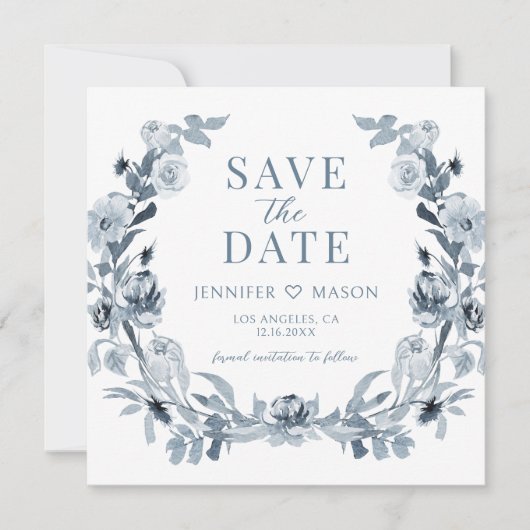 Blauw Grijs Bloemen Bewaar de datum Foto uitnodigi (Voorkant)