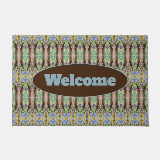 Blauw Grijs Bloemen Ontwerper Deurmat (Voorkant)