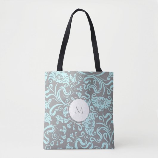 Blauw Grijs  Bloemenpatroon Monogram Canvas tas (Voorkant)