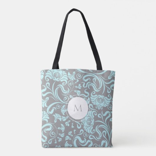 Blauw Grijs  Bloemenpatroon Monogram Canvas tas (Achterkant)