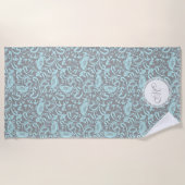 Blauw Grijs  Bloemenpatroon Monogram Strand T Strandlaken (Voorkant)
