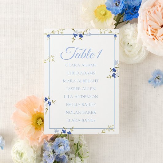 Blauw & Grijs Bloemstuk Bruiloft Zitplaatskaart Kaart