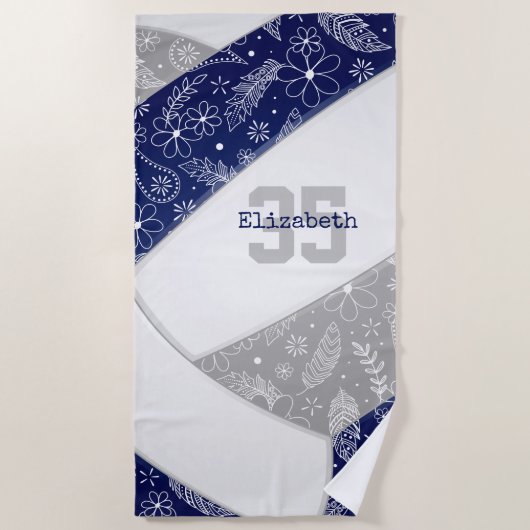Blauw Grijs Boho Bloemen Veren Patroon Volleybal Strandlaken (Voorkant)