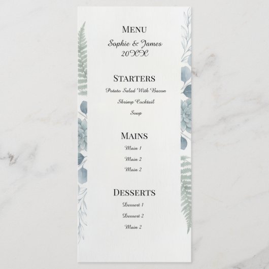 Blauw Grijs Botanisch Trouwmenu Menu (Voorkant)