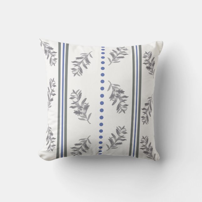 Blauw & Grijs Botanisch Waterverfpatroon Kussen (Voorkant)