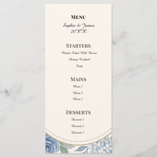 Blauw Grijs Botanische Ontvangst Menu (Voorkant)