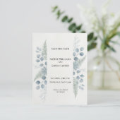 Blauw Grijs Botanische Save The Date Postkaart (Staand voorkant)