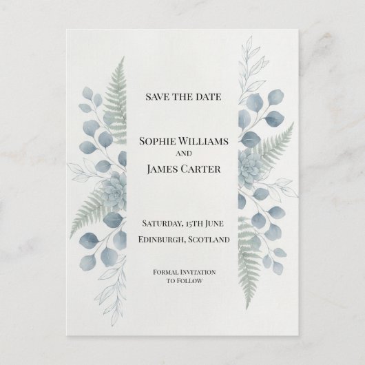 Blauw Grijs Botanische Save The Date Postkaart (Voorkant)