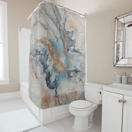 Blauw, grijs, brons, crème abstract modern douchegordijn (In situ)