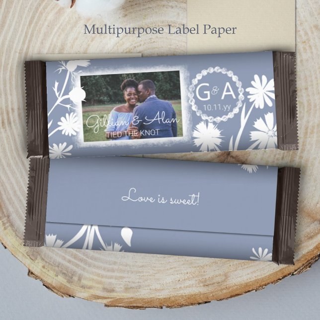 Blauw-grijs bruiloft budget foto Snoep Bar Wrapper (blue white floral wedding personalized chocolate candy bar wrapper label paper custom party favor)
