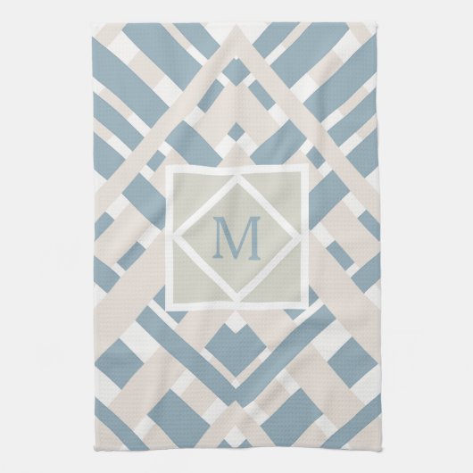 Blauw grijs Chevron Geometric Design met Monogram Theedoek (Verticaal)