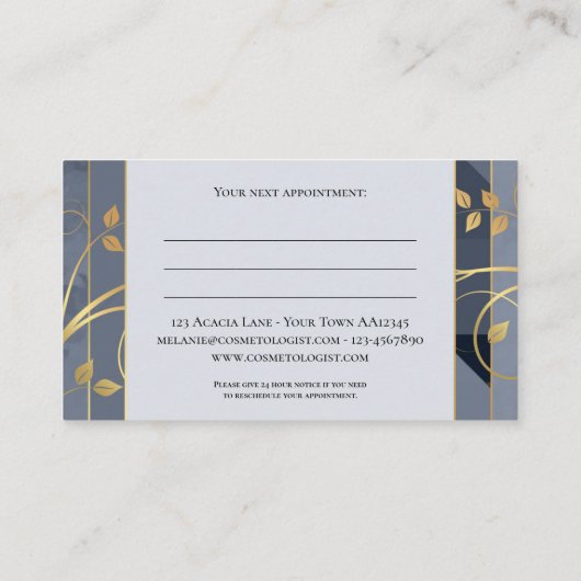 Blauw Grijs Chic Gouden Bladeren Afsprakenkaartje (Achterkant)