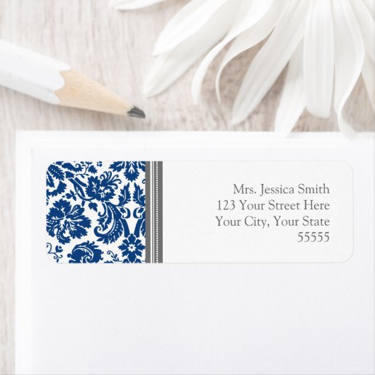 Blauw Grijs Damask Aangepaste Terugkeer Adreslabel Etiket (Insitu)