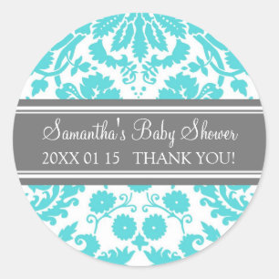 Blauw Grijs Damask Baby shower Favor Stickers