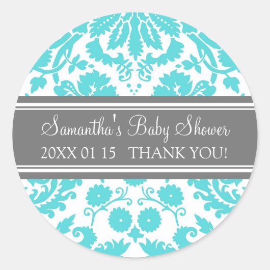 Blauw Grijs Damask Baby shower Favor Stickers (Voorkant)