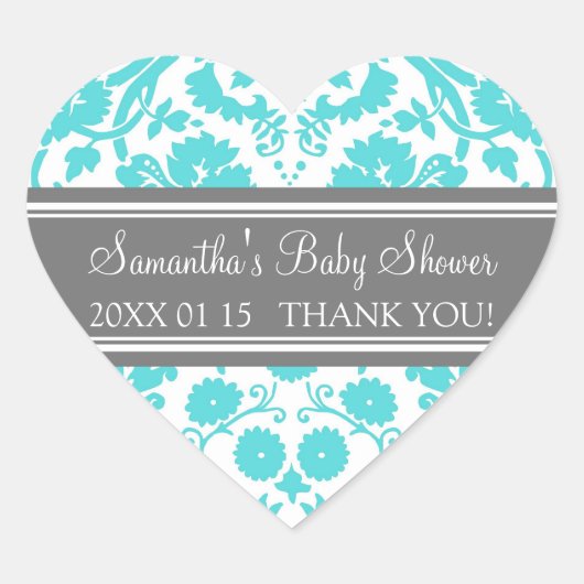Blauw Grijs Damask Baby shower Favor Stickers (Voorkant)