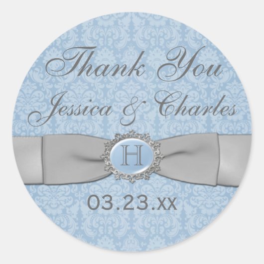  blauw, grijs Damask Wedding Favor Sticker (Voorkant)