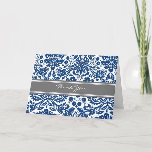 Blauw Grijs Damast bruiloft Dank u kaart (Voorkant)