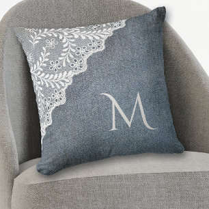 Blauw grijs Denim Faux White Lace Corner Monogram Kussen