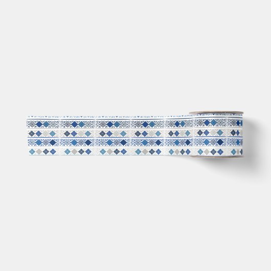 Blauw Grijs Diamant Patroon Satijnen Lint (Voorkant)