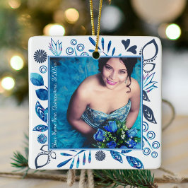 Blauw-grijs en Aqua-kerstfoto-Ornament Keramisch Ornament